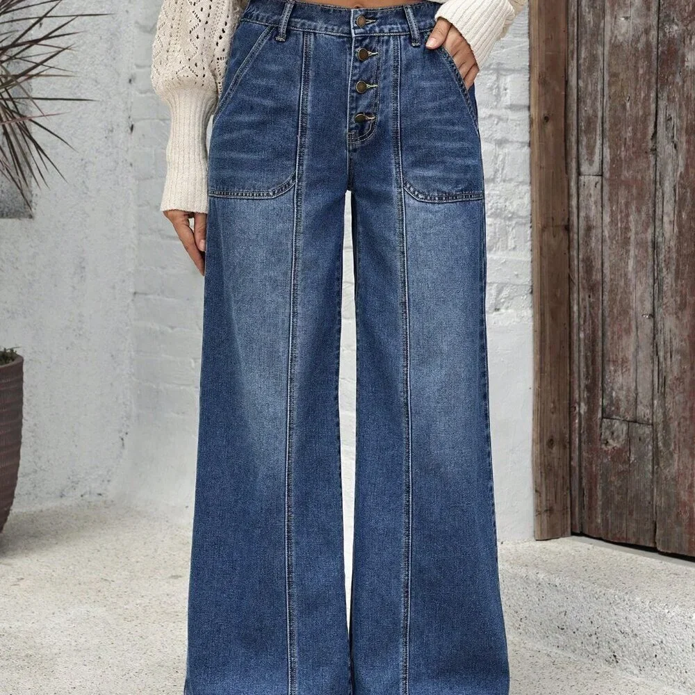 Blue Casual Women's Pockets Versatile Loose Wide Leg Jeans